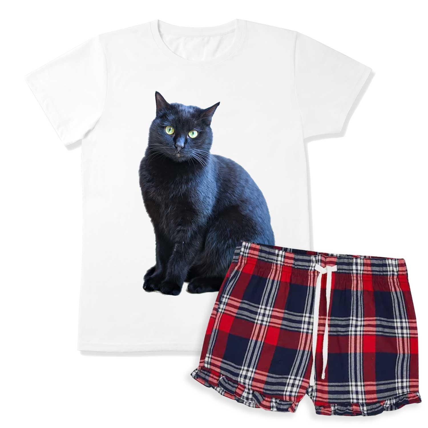 Calla | Personalized Pet Parent Gift | Women's Cat Pyjamas | Red Tartan Shorts Set