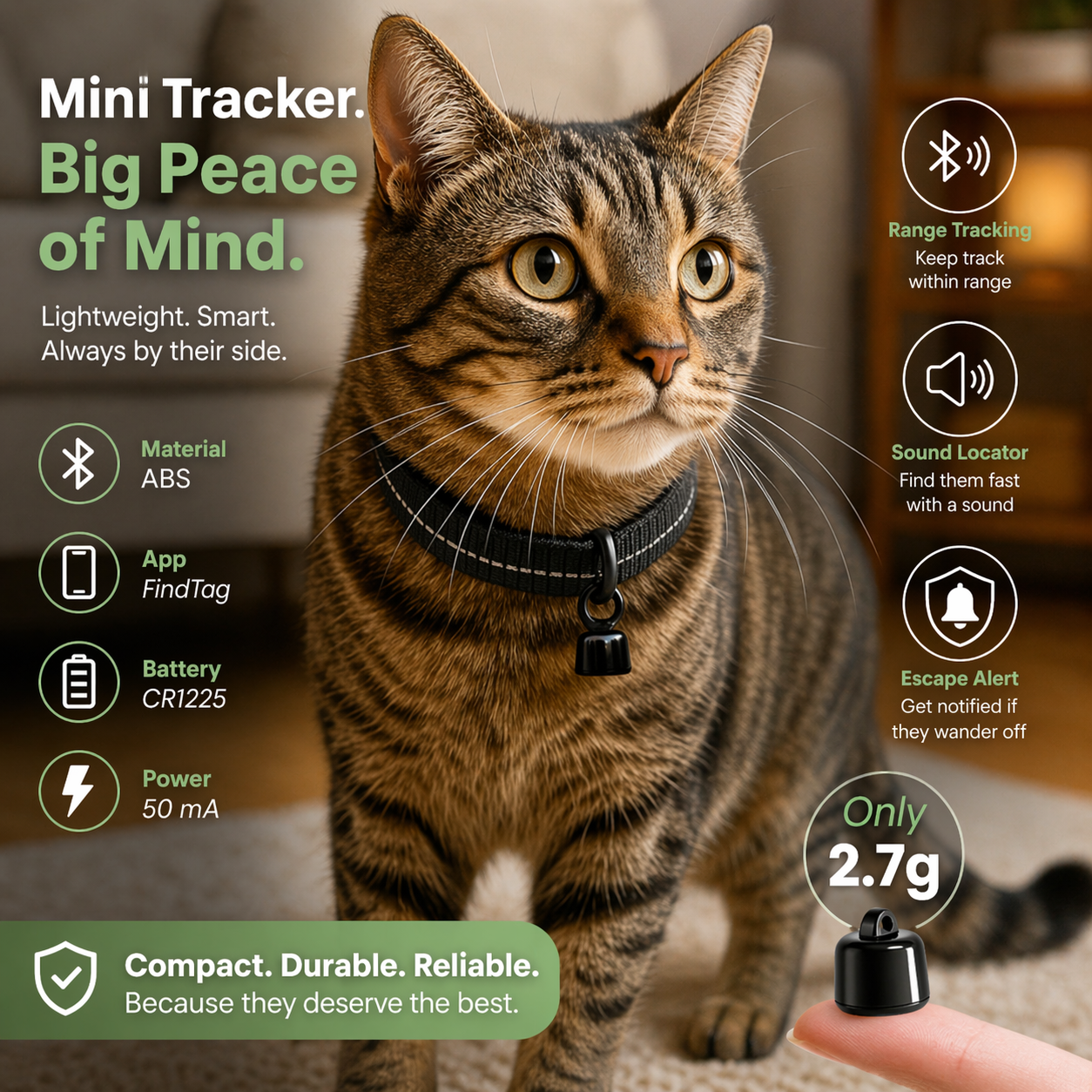 Pet Tracker | Bluetooth, iOS Android Compatible | Mini Cat Collar Tag