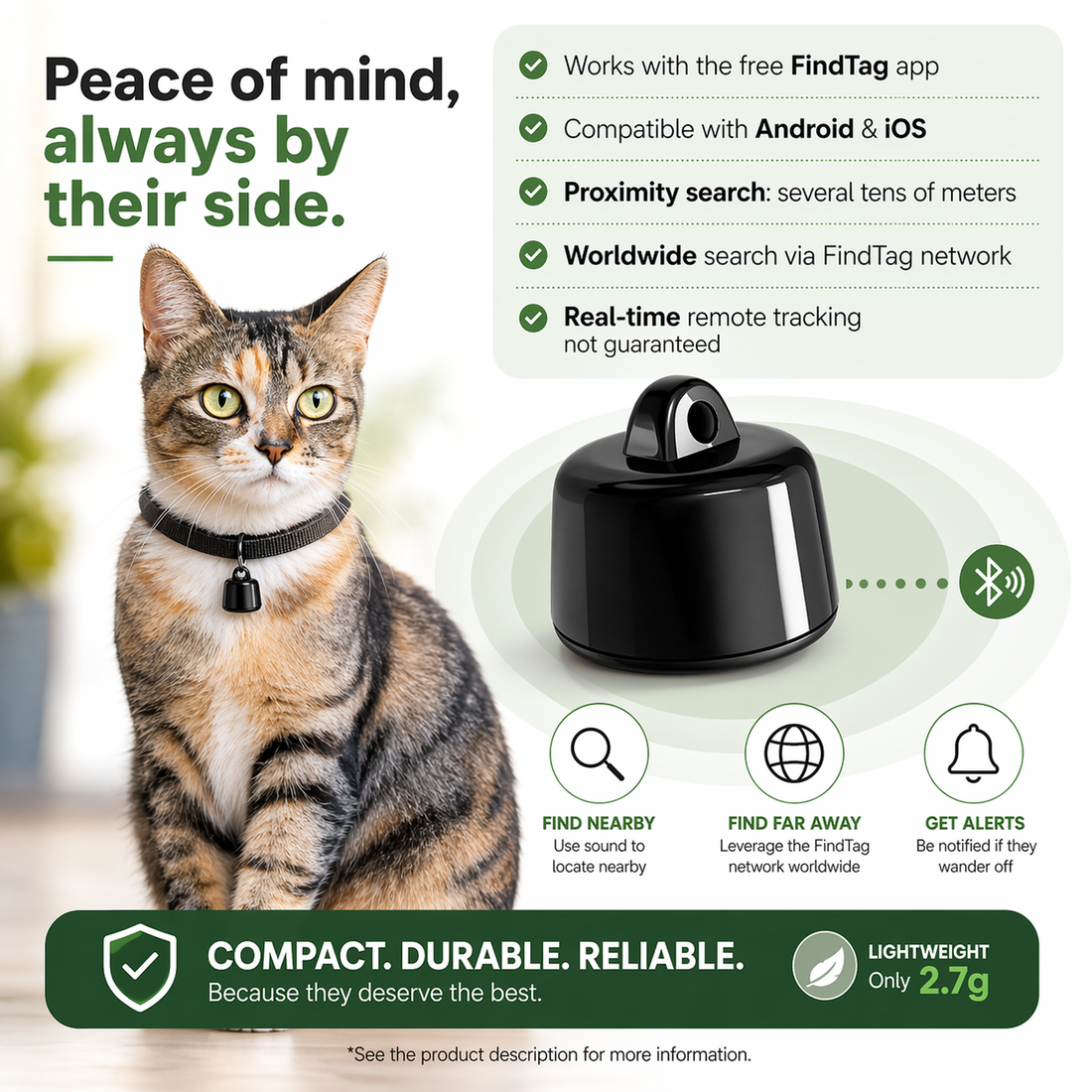 Pet Tracker | Bluetooth, iOS Android Compatible | Mini Cat Collar Tag