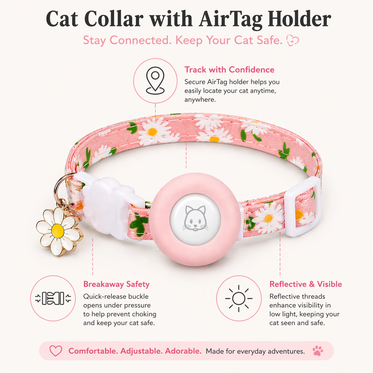 Cat AirTag Collar | Breakaway Tracker Holder, Reflective Bell