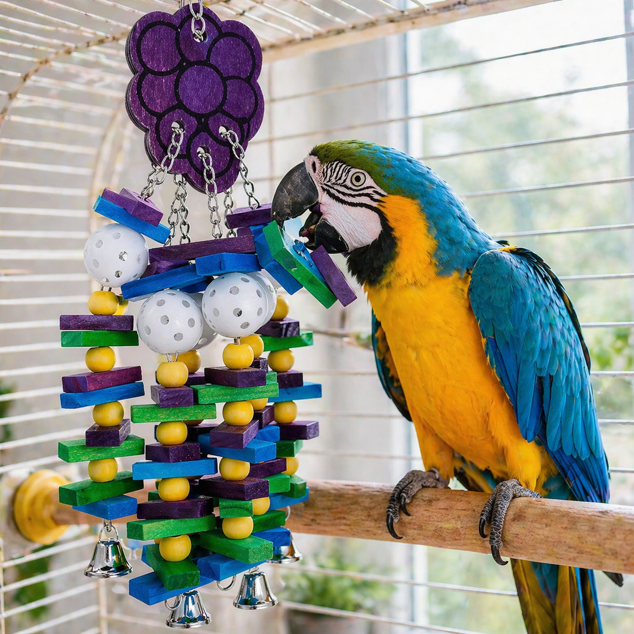 Bird Toy | Wooden Chew Blocks, Hanging Parrot Toy with Bells