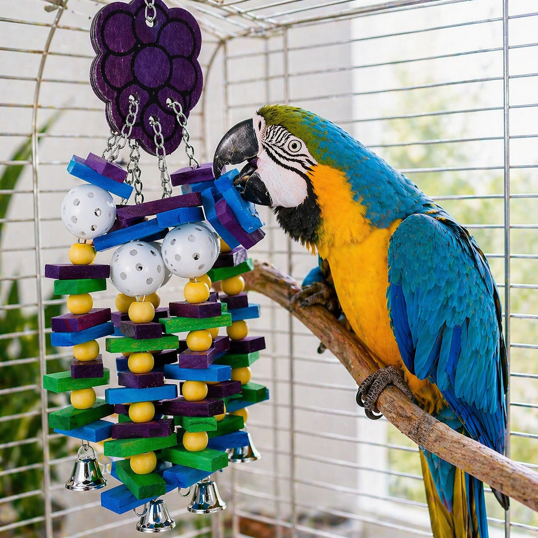 Bird Toy | Wooden Chew Blocks, Hanging Parrot Toy with Bells