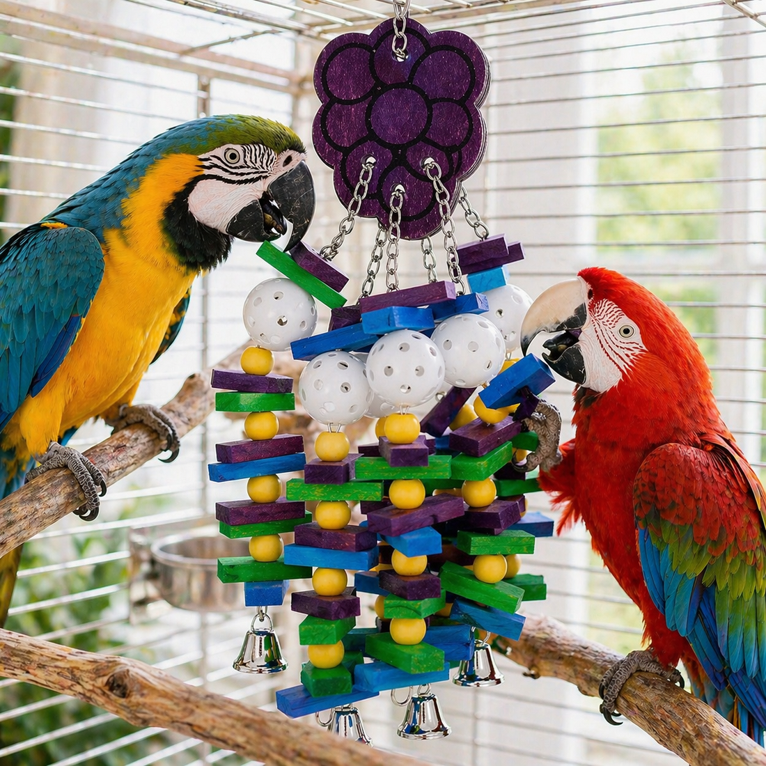 Bird Toy | Wooden Chew Blocks, Hanging Parrot Toy with Bells
