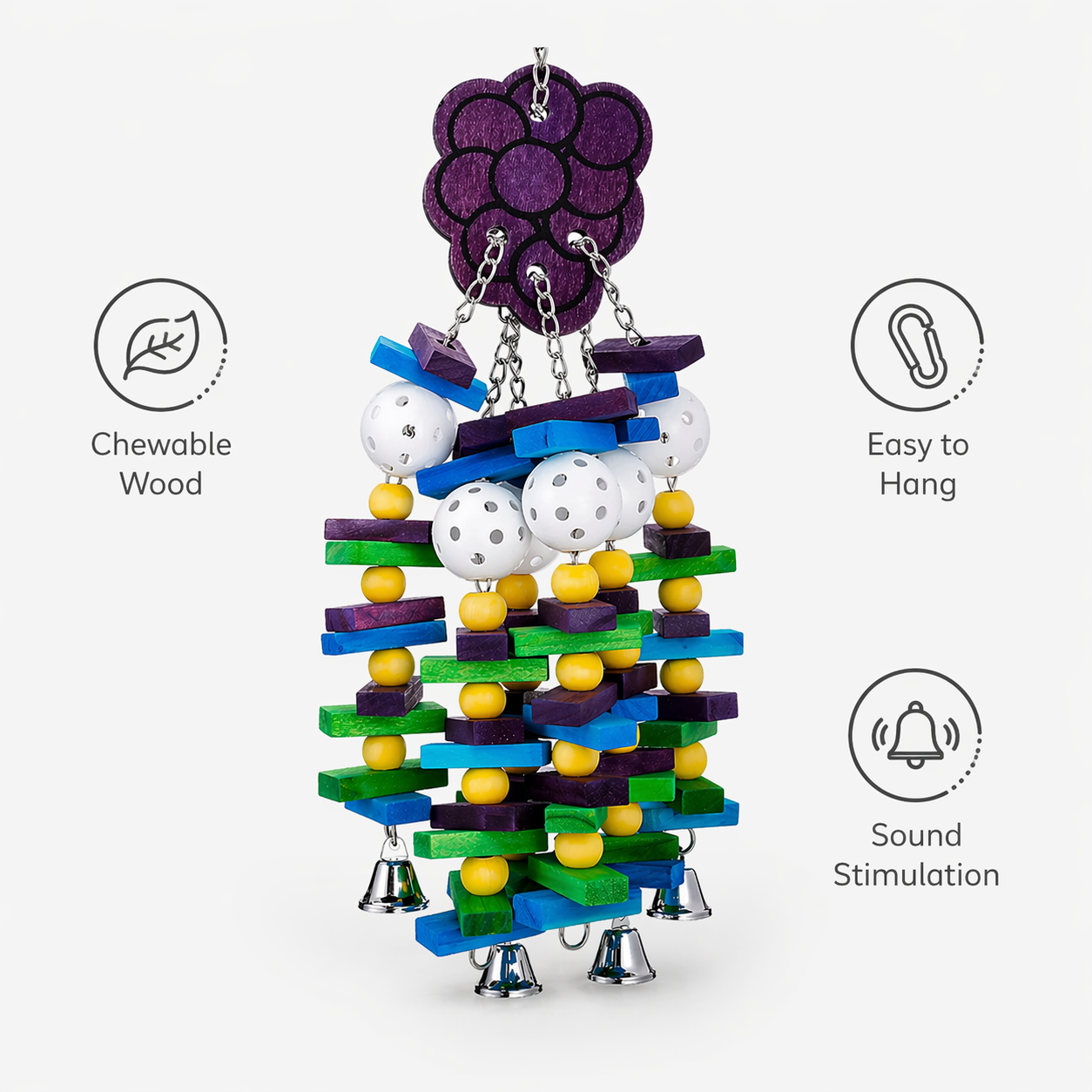 Bird Toy | Wooden Chew Blocks, Hanging Parrot Toy with Bells