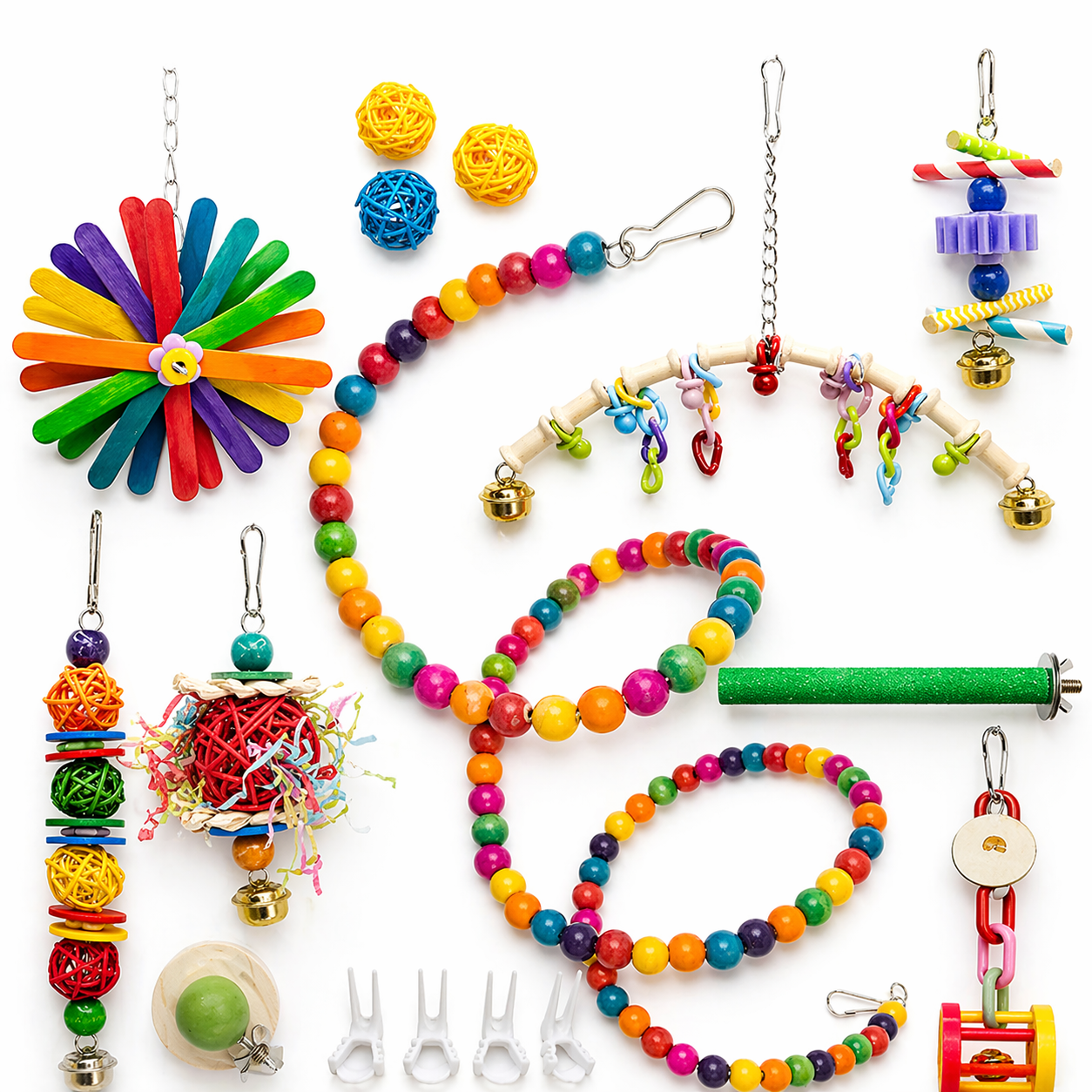 Bird Toys Set | Parrot Cage Toys, Wooden Chew Swing, Bead Climbing Rope