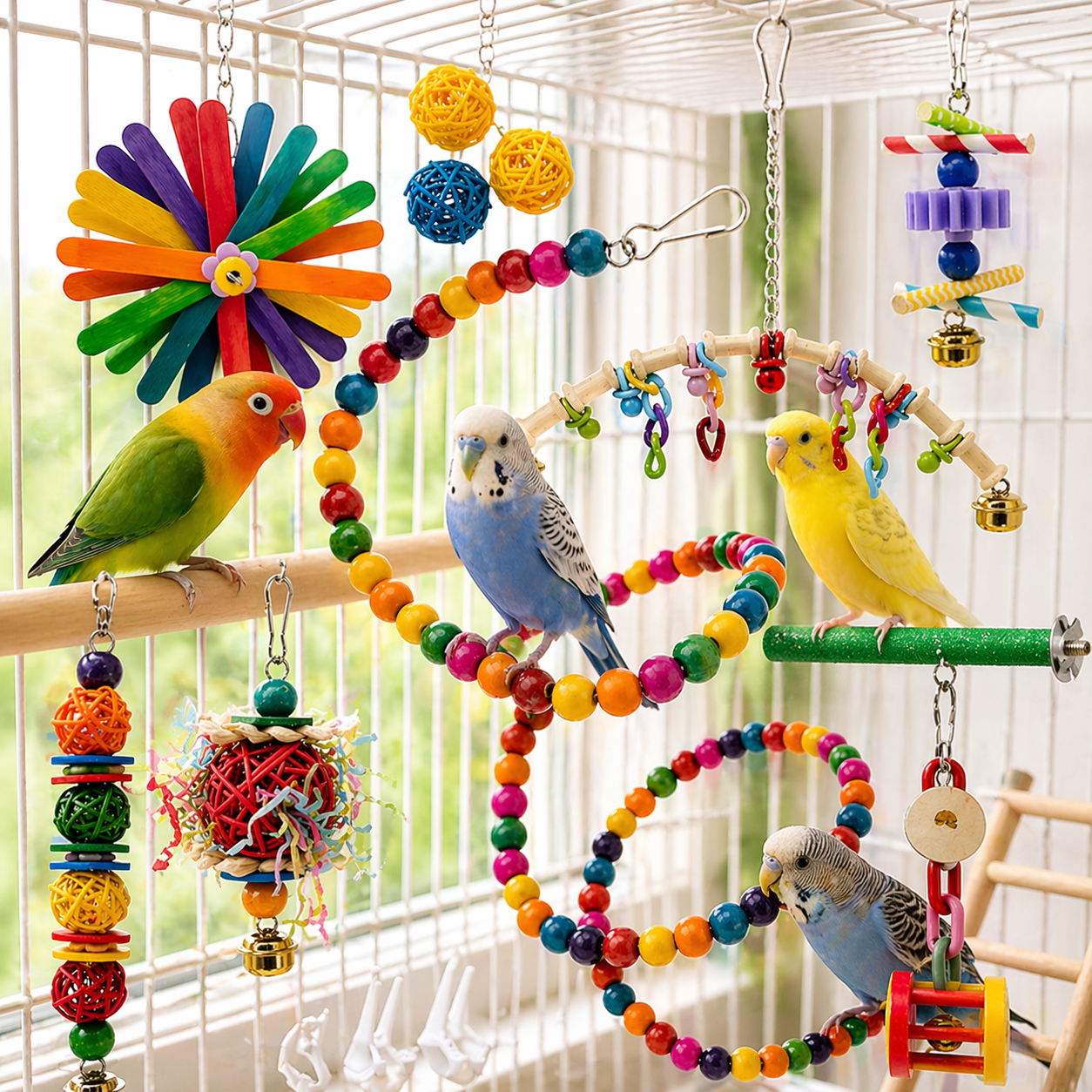 Bird Toys Set | Parrot Cage Toys, Wooden Chew Swing, Bead Climbing Rope
