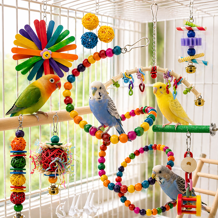 Bird Toys Set | Parrot Cage Toys, Wooden Chew Swing, Bead Climbing Rope