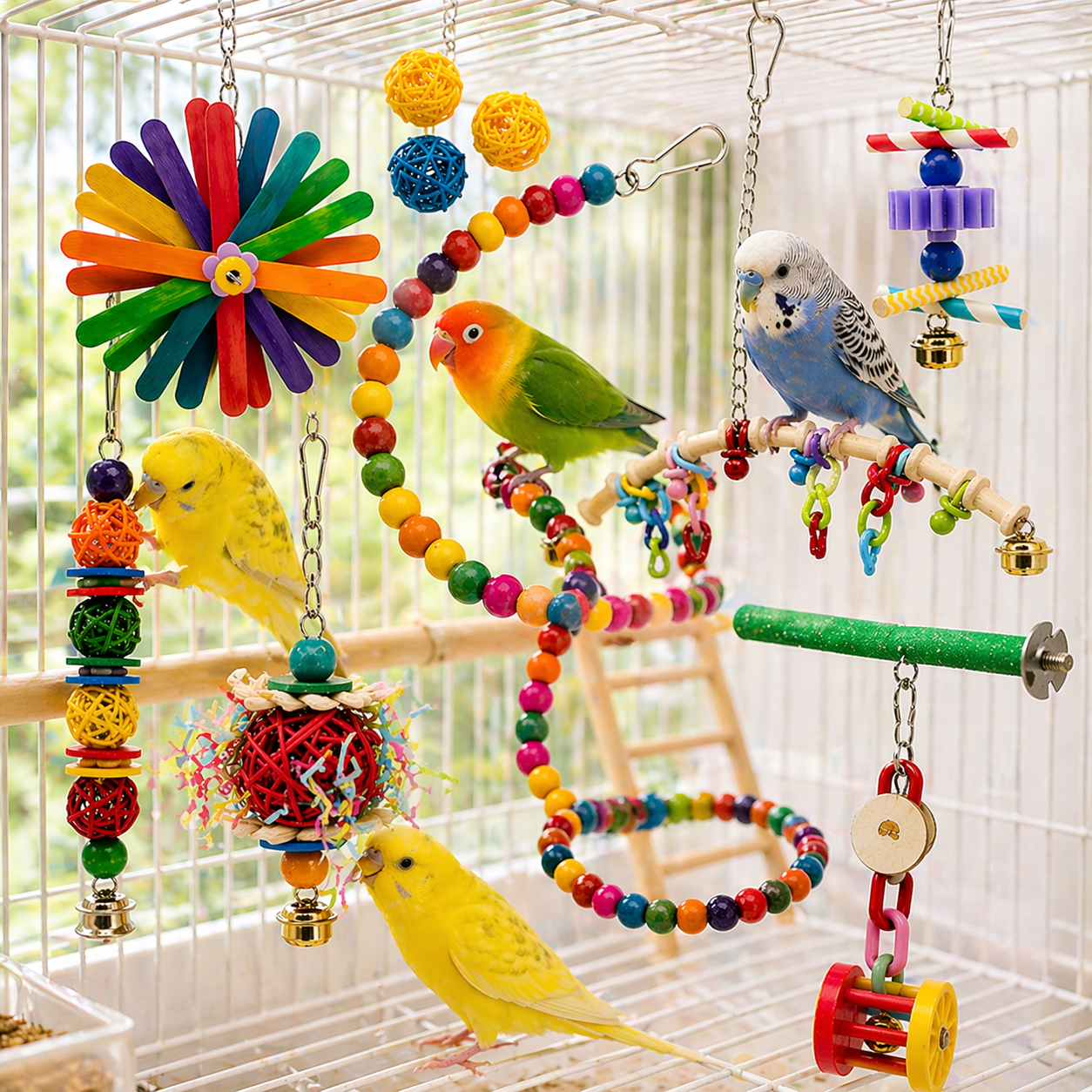 Bird Toys Set | Parrot Cage Toys, Wooden Chew Swing, Bead Climbing Rope