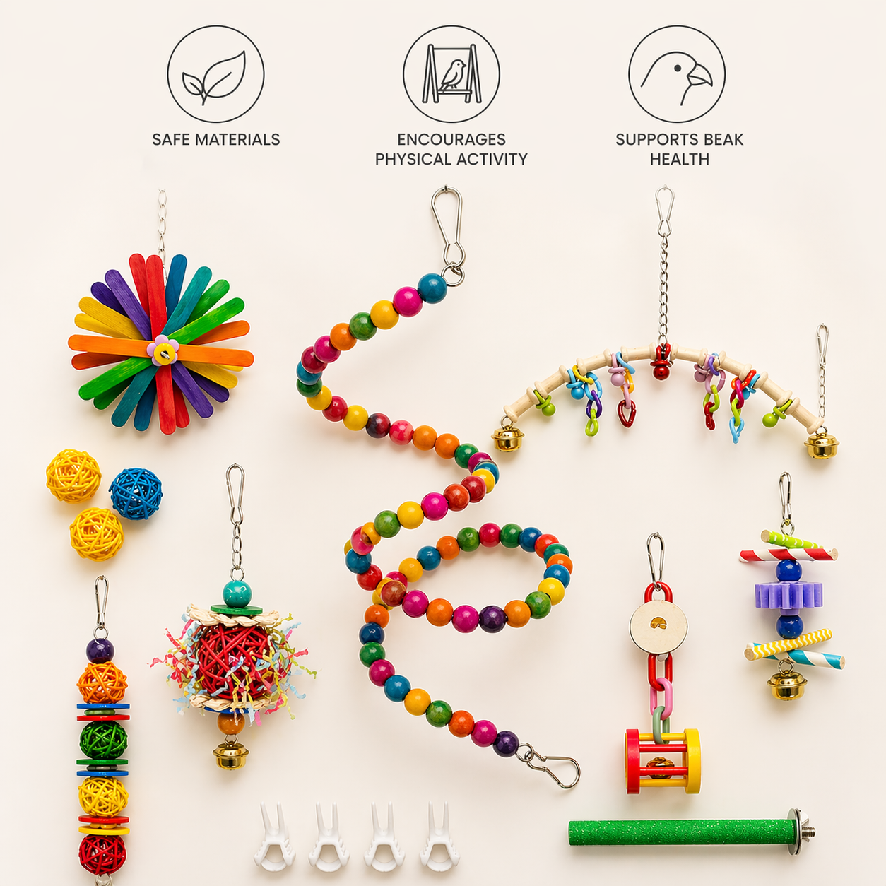 Bird Toys Set | Parrot Cage Toys, Wooden Chew Swing, Bead Climbing Rope