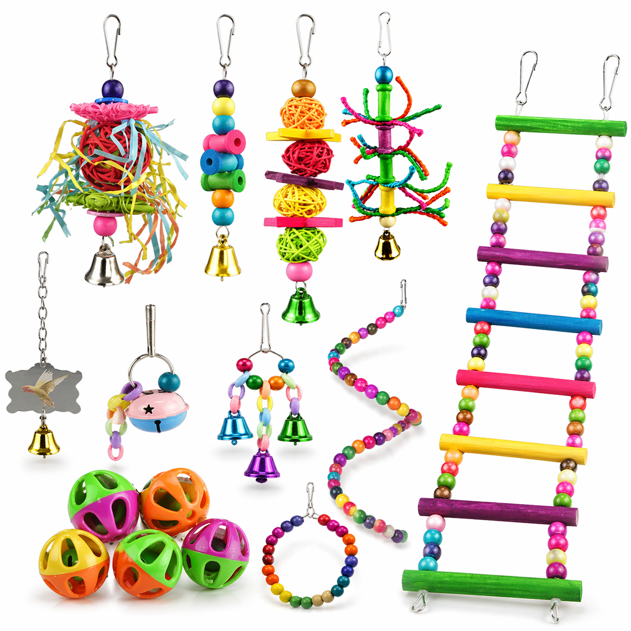 Bird Toys Set | Small Parrot Cage Toys, Swing, Ladder, Chew Bells