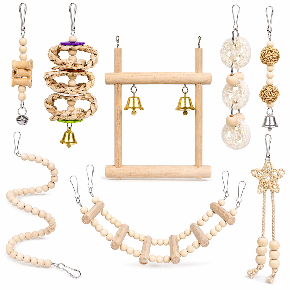 Bird Toys Set | Small Parrot Cage Toys, Swing, Ladder, Chew Bells