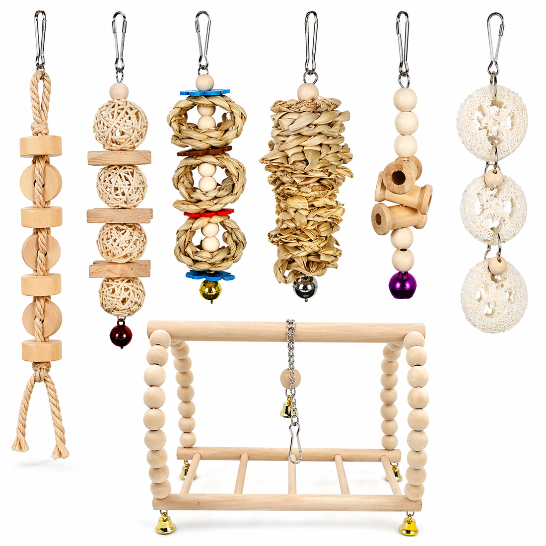 Bird Toys Set | Small Parrot Cage Toys, Swing, Ladder, Chew Bells