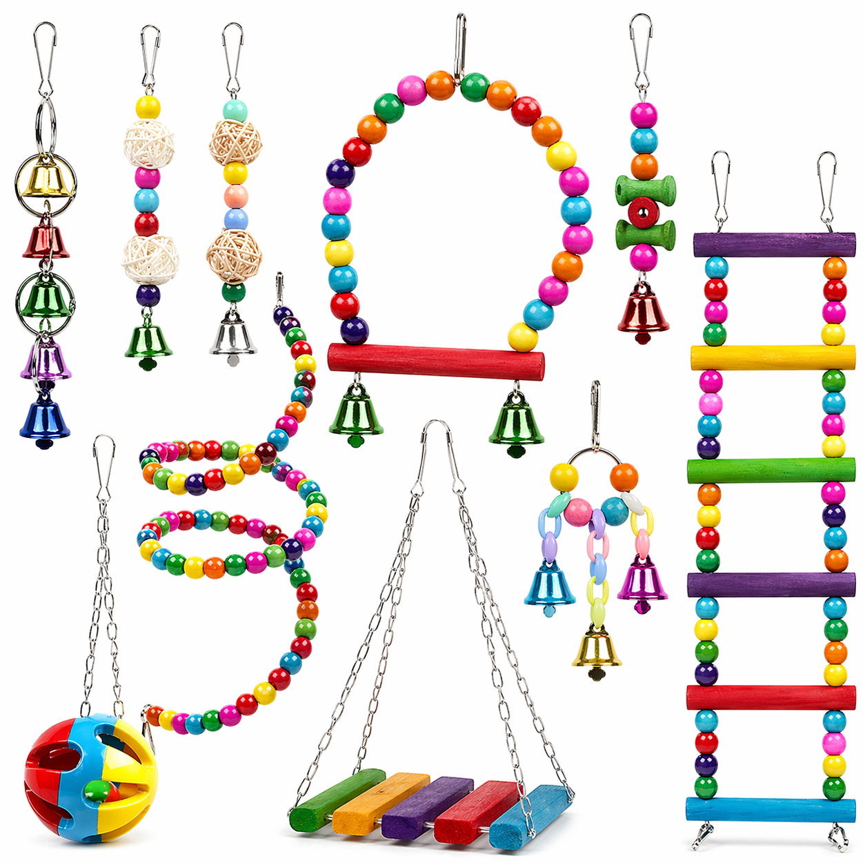 Bird Toys Set | Small Parrot Cage Toys, Swing, Ladder, Chew Bells