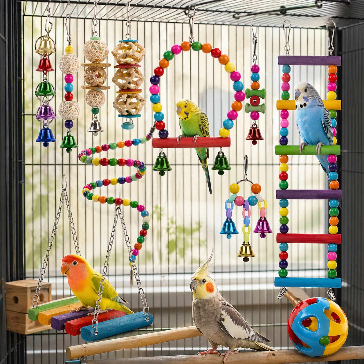 Bird Toys Set | Small Parrot Cage Toys, Swing, Ladder, Chew Bells