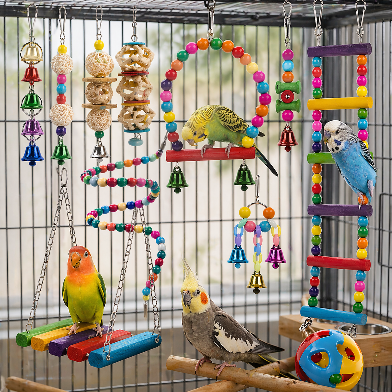 Bird Toys Set | Small Parrot Cage Toys, Swing, Ladder, Chew Bells