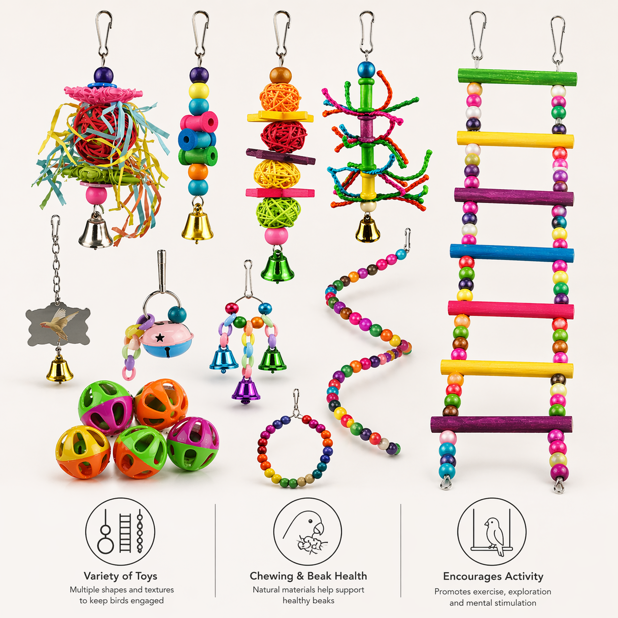 Bird Toys Set | Small Parrot Cage Toys, Swing, Ladder, Chew Bells