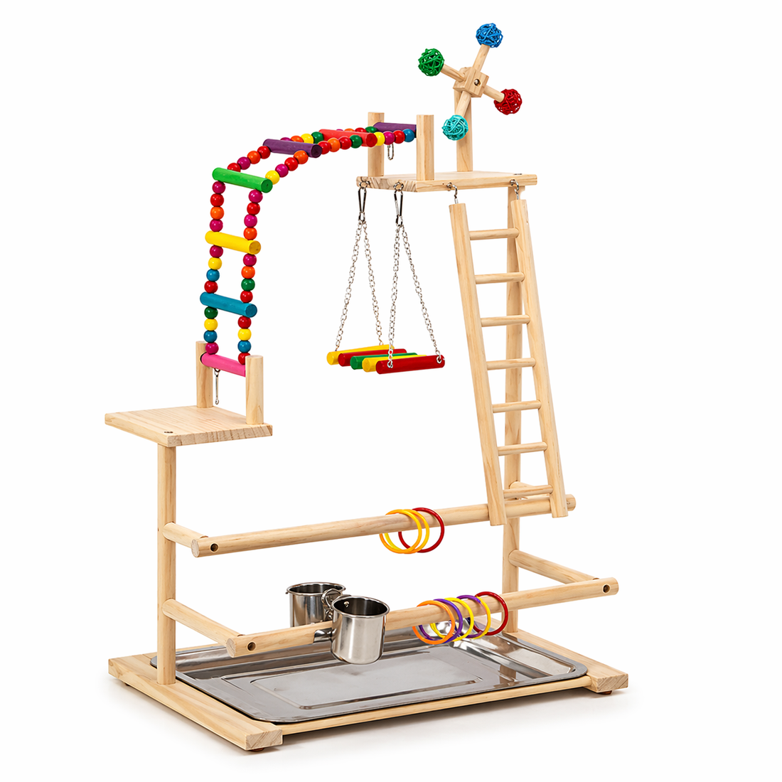 Bird Play Stand | Parrot Stand, Wooden Perch, Ladder, Swing, Feeder Tray