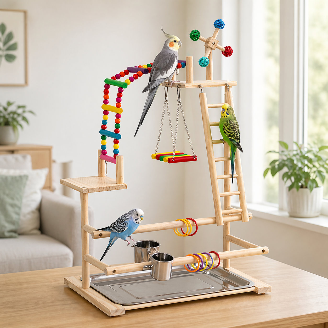 Bird Play Stand | Parrot Stand, Wooden Perch, Ladder, Swing, Feeder Tray