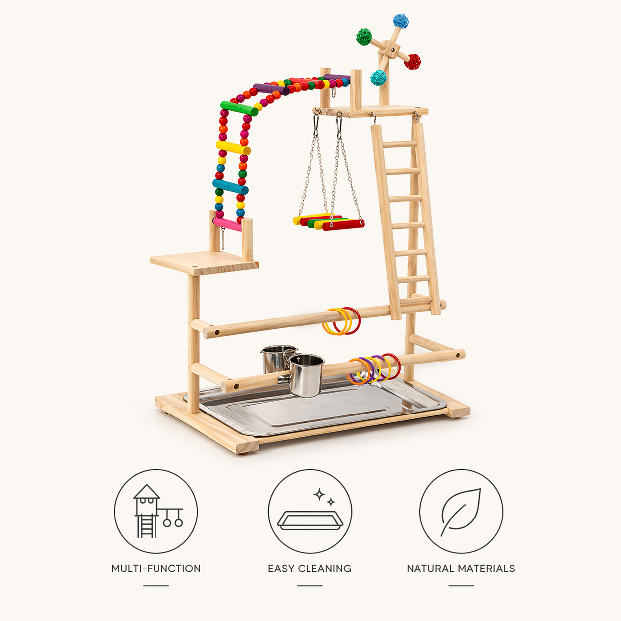 Bird Play Stand | Parrot Stand, Wooden Perch, Ladder, Swing, Feeder Tray