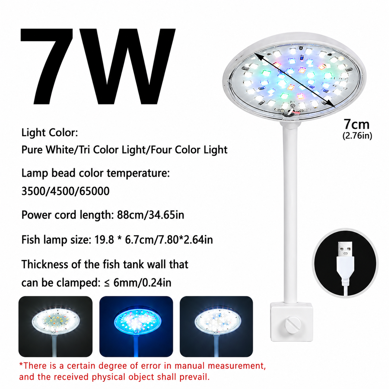 Aquarium LED Light | USB Clip On Lamp, 3 Color Modes Adjustable