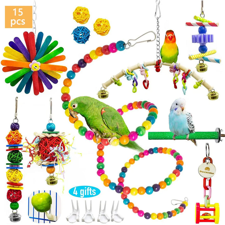 15Pcs Parrot Cage Toys - Wood Swing - Chewable Bridge - Beads