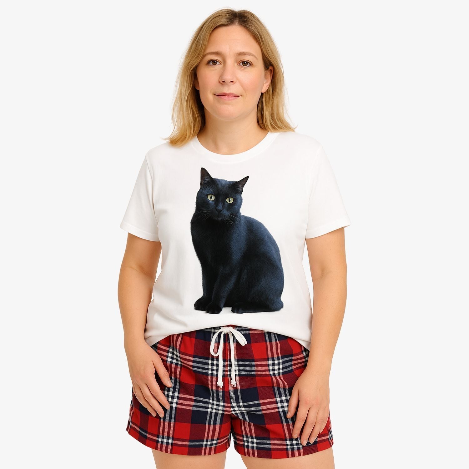 Calla | Personalized Pet Parent Gift | Women's Cat Pyjamas | Red Tartan Shorts Set